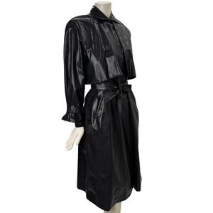 DJI Vintage Vinyl Trench Coat Black Glossy Grid Textured Witchy Longline Edgy M